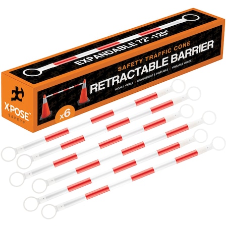Xpose Safety Retractable Cone Bar, PVC, 72-120" Length, Orange/White 6 PK CBO72/120-6-X